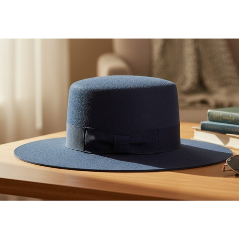 Wyeth Midnight Blue Wool Fedora Boater Hat Wide Brim One Size Adjustable Strap